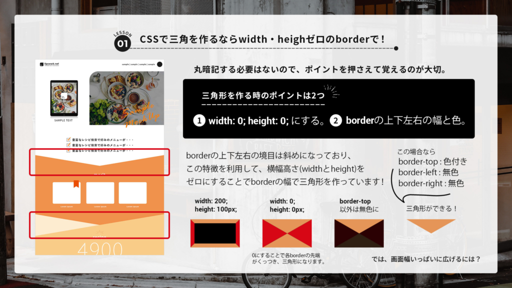 cssで三角形を作る時のポイントは２つ。widthとheightをゼロにすることと、borderの上下左右の幅と色